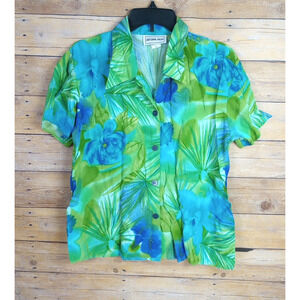 Vintage California Krush Women Shirt Medium Blue Green Floral Hawaiian